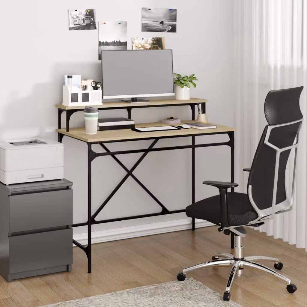 Scrivania da ufficio vidaXL in stile industriale con piano in legno rovere e struttura in metallo, L 100 x P 50 x H 90 cm