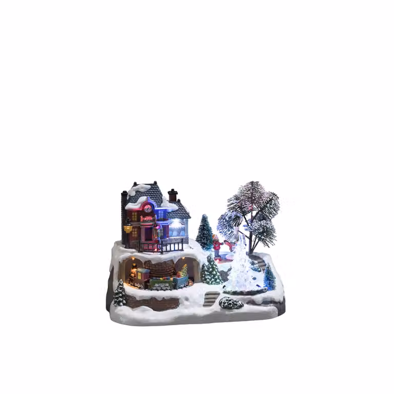 Scenario a LED "Stazione ferroviaria con albero di Natale di cristallo" con animazione e 8 classici canti natalizi, funzione energetica selezionabile, 9 diodi colorati, 4,5 V In