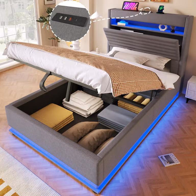 Letto imbottito Merax 90x200 cm, letto per bambini con funzione di ricarica USB tipo C, illuminazione a LED, supporto idraulico, vano portaoggetti ribaltabile, biancheria, grigio