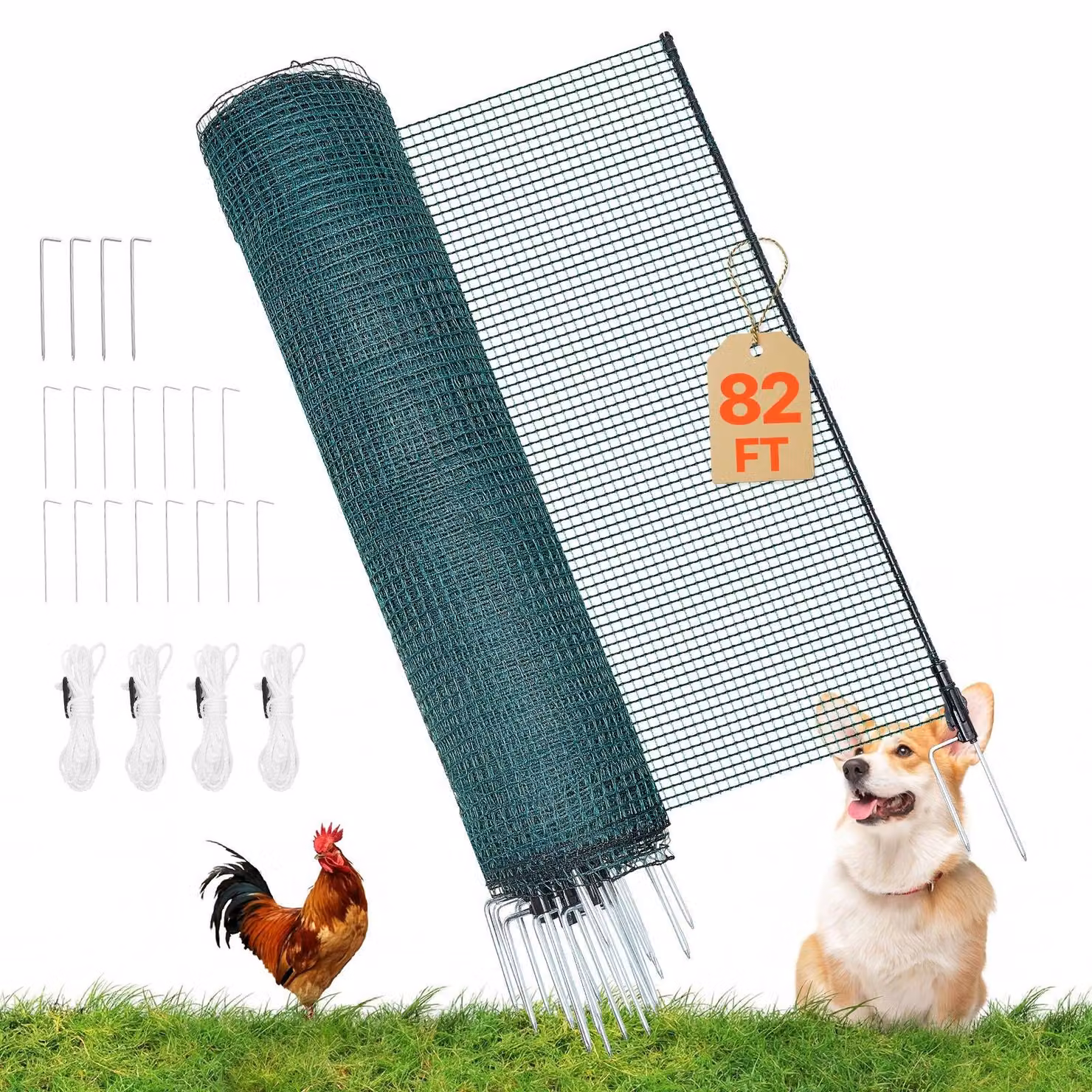 Rete per polli e recinzione per cani - Recinzione da pascolo 25 m x 1,2 m - Rete mobile in PE - Pali a doppia punta - Con corde di tensione - Per giardino e campeggio