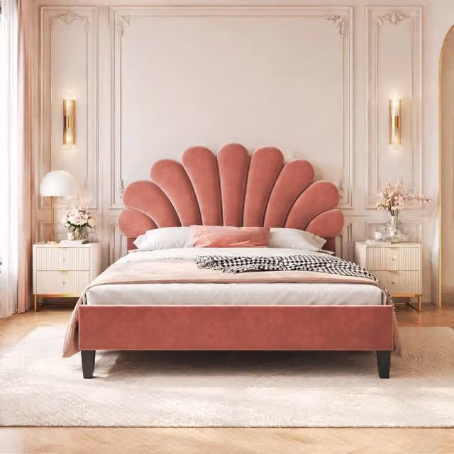 Letto matrimoniale imbottito 140 × 200 cm con rete a doghe testiera floreale in velluto rosso fagiolo