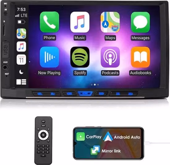 Autoradio con Schermo Touch da 7 Pollici, CarPlay e Android Auto, Bluetooth, Radio FM, Telecamera Posteriore e Illuminazione a 7 Colori, Colore Nero
