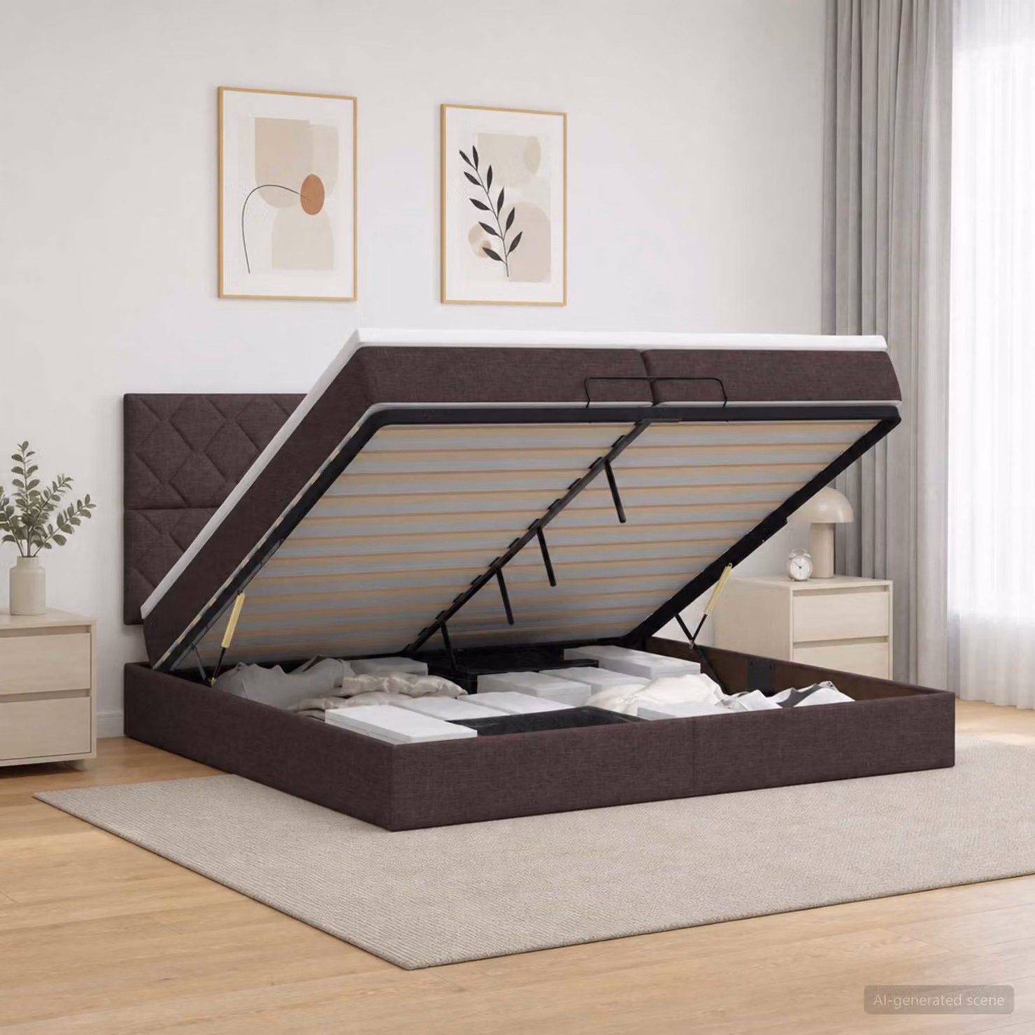 Letto ottomano con materasso vidaXL in tessuto marrone scuro L: 200 cm, P: 200 cm, H: 140 cm