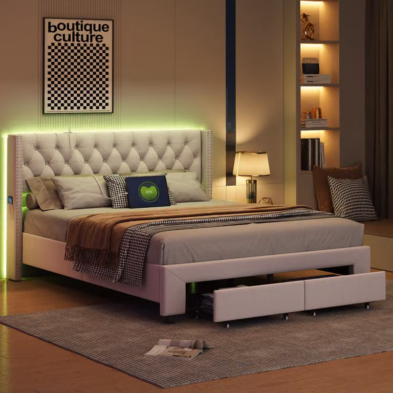 CDGlobal letto imbottito 180x200cm con cassetto, letto con contenitore e rete a doghe, letto matrimoniale con Led/USB e testata contenitore, letto contenitore letto per ragazzi, velluto, beige