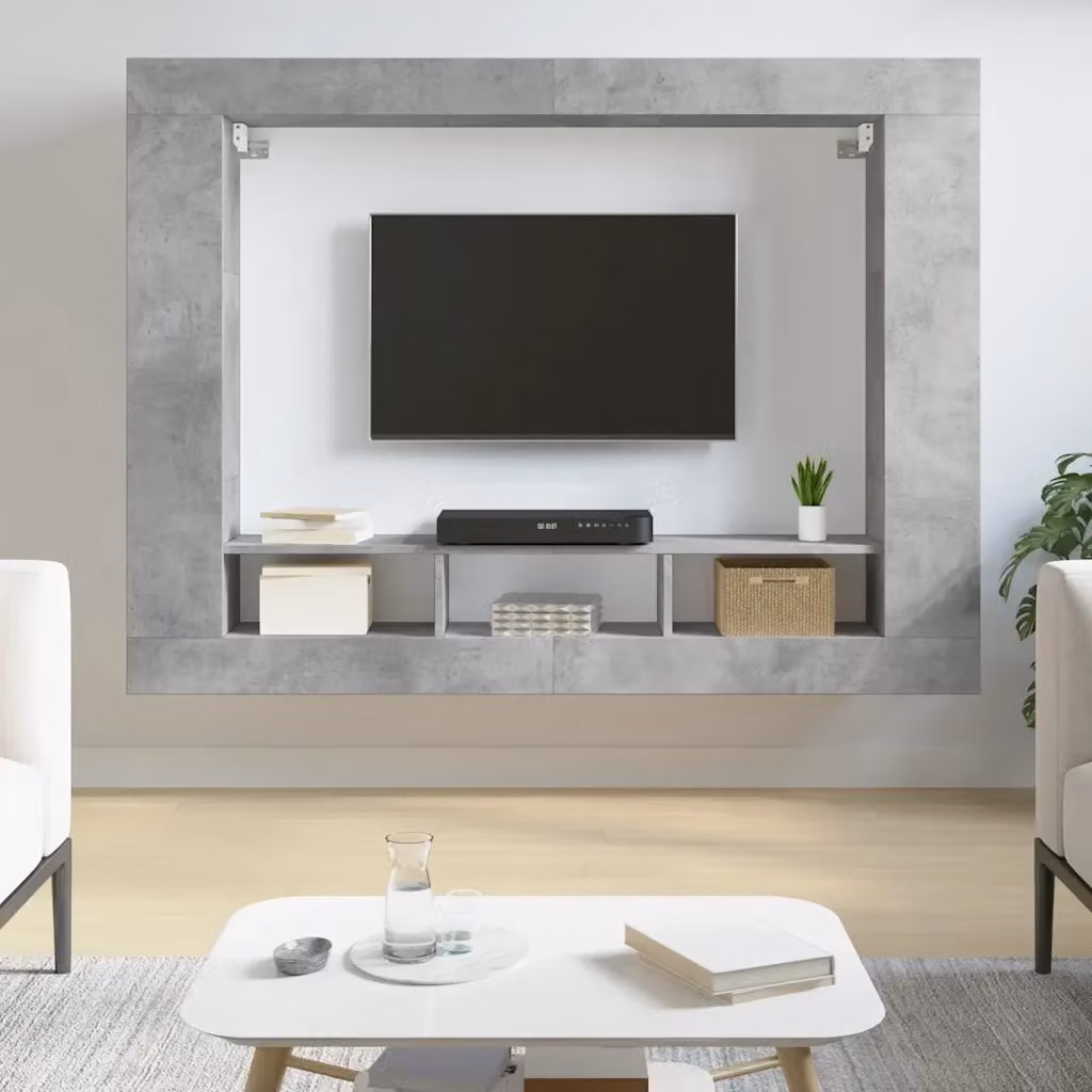 Mobile TV moderno in legno multistrato grigio cemento con scomparti multimediali L: 152 cm, P: 22 cm, H: 113 cm – 2