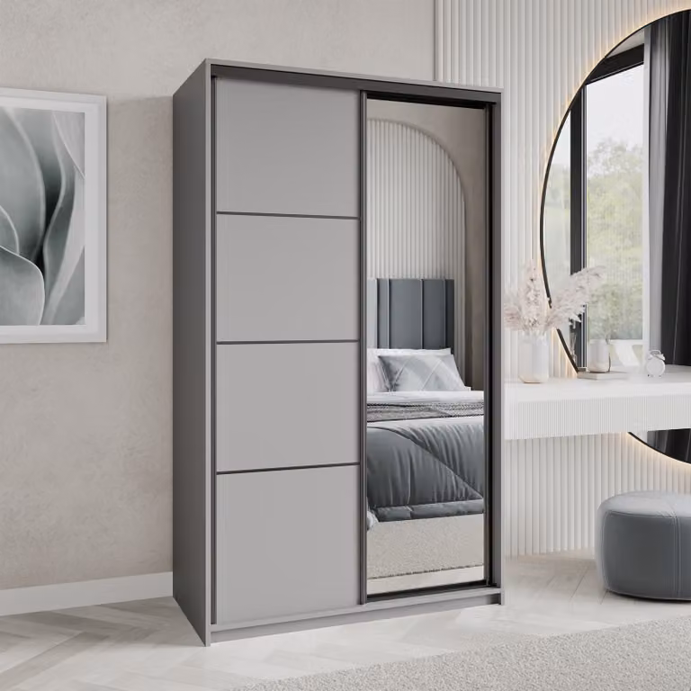 Armadio scorrevole Masseno VARO 120/205/60 cm Armadio con cassetti Armadio per camera da letto a 2 ante con specchio Colore grafite + nero