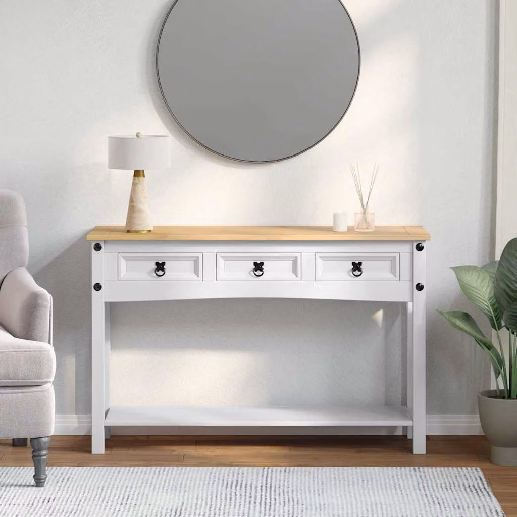 Tavolino Corona vidaXL in pino massello bianco, L 114 x P 34,5 x H 73 cm