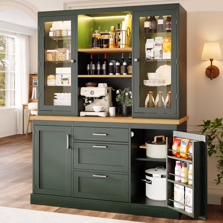 MODFU Mobile da cucina con 3 cassetti e illuminazione a LED controllabile tramite app Mobile contenitore con ripiani aperti e 2 ante in vetro Mobile alto con piano di lavoro Adatto per il soggiorno o la cucina Colore verde