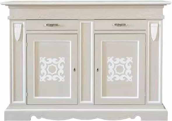 Credenza in legno di pioppo stile shabby chic con 2 porte e 2 cassetti color tortora e profili bianchi Mobili 2G L: 170 cm, P: 55 cm, H: 123 cm