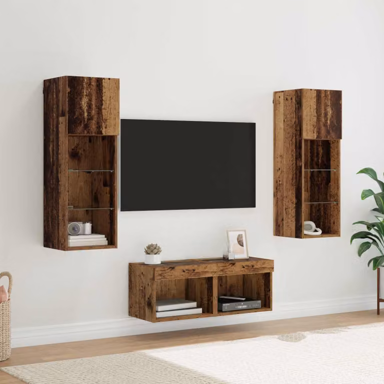 Set di 4 Mobiletti TV da Parete vidaXL Moderni in Rovere e Vetro, Colore Marrone, L/P/H: 40 x 30 x 30 cm