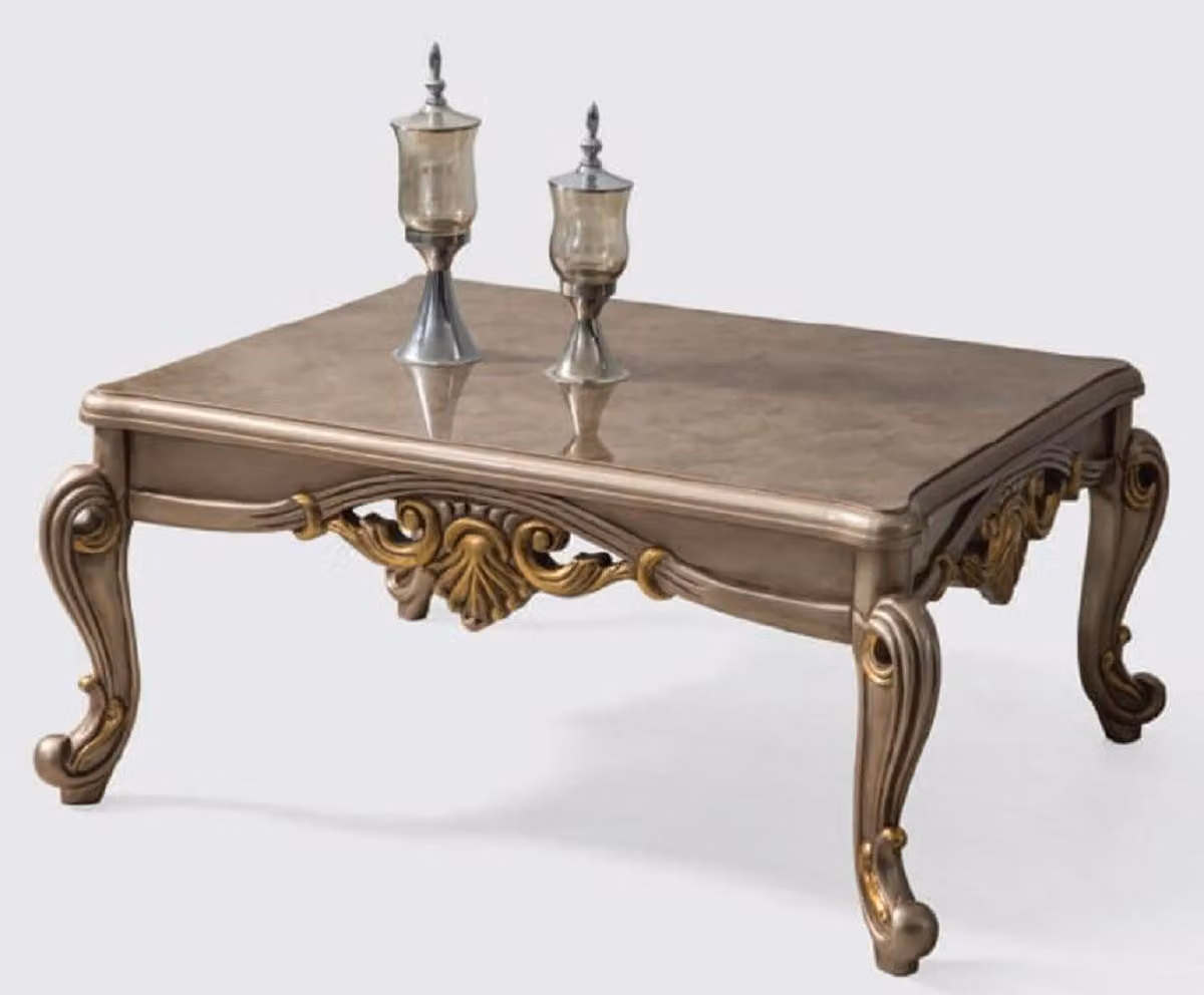 Casa Padrino tavolino barocco grigio argento / oro 110 x 80 x h. 52 cm - Tavolino da salotto in legno massiccio fatto a mano in stile barocco - Mobili barocchi