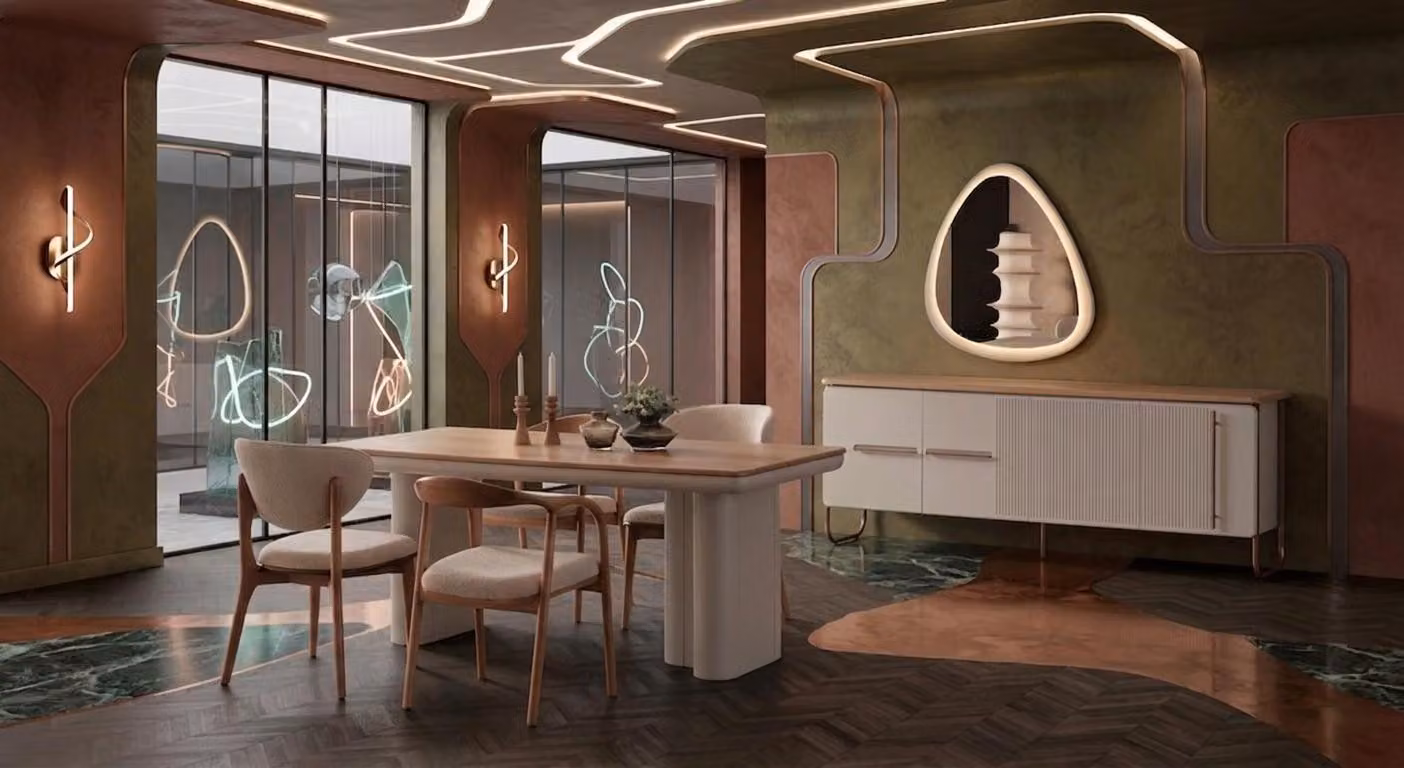 Tavolo da pranzo, 4 sedie, consolle, specchio. Stile: moderno. Colore: marrone. Forma: rettangolare. Destinato alla sala da pranzo
