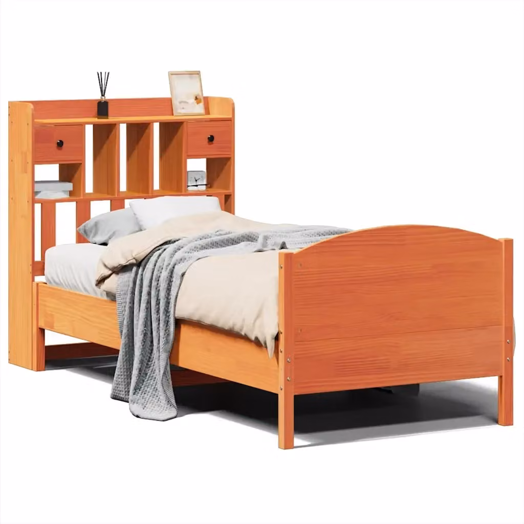 Letto Libreria vidaXL in Legno di Pino Massiccio Marrone Cera con Cassetti e Scaffali L: 190 cm, P: 81 cm, H: 151 cm – 2