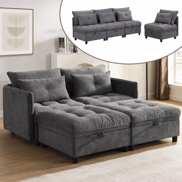 Divano modulare 4 posti con funzione letto e contenitore sotto ogni seduta, in ciniglia grigio antico