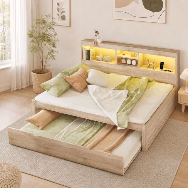 Daybed 140x200 cm con letto estraibile; illuminazione ambientale; prese e USB; naturale