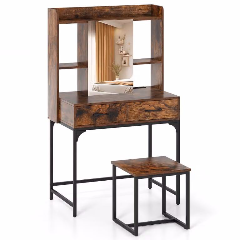 COSTWAY Set da toilette con sgabello e specchio, tavolo cosmetico con stazione di ricarica, cassetti, scaffali aperti e armadietto a specchio, scrivania moderna marrone