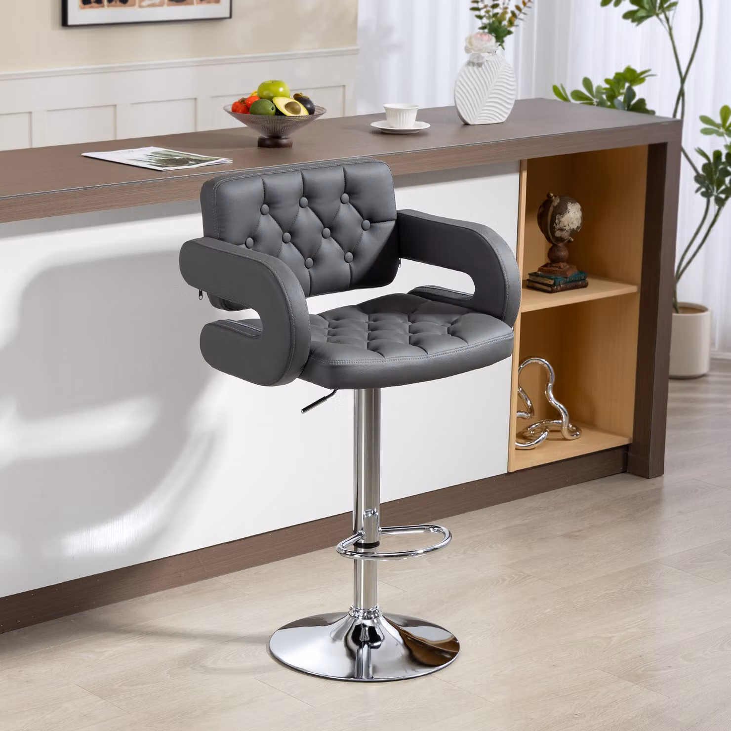 Sgabello da Bar Regolabile e Girevole HOMCOM con Seduta Extra Large in Similpelle PU, Grigio – 2
