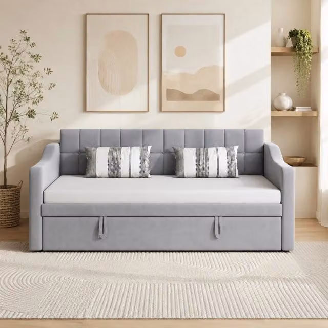 Divano Letto 2 in 1 in Velluto Grigio Chiaro 90x190 cm con Letto Estraibile, Porta USB e Tasca Portaoggetti