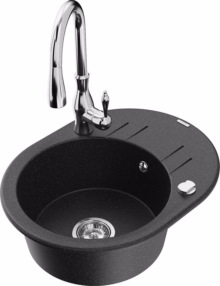 Mexen Kevin lavello in granito a 1 vasca con sgocciolatoio e rubinetto da cucina Savita, nero/argento metallizzato