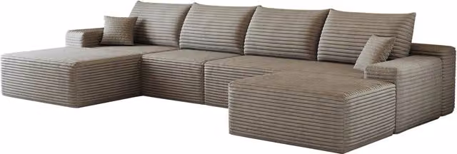 Divano angolare modulare 340 cm con chaise longue a L, tessuto in corduroy rigato color cammello, senza montaggio