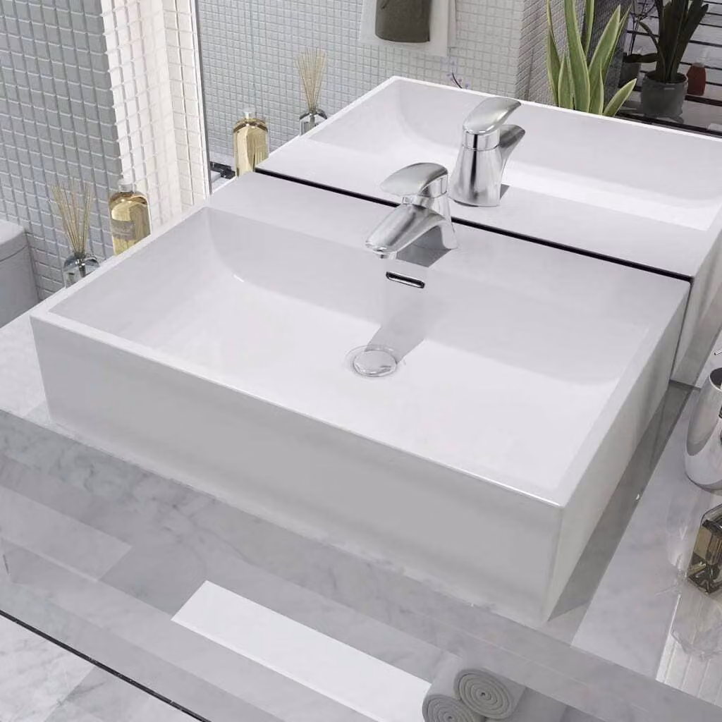 The Living Store Lavabo con foro per rubinetto in Vetroceramica bianca 60,5x42,5x14,5 cm