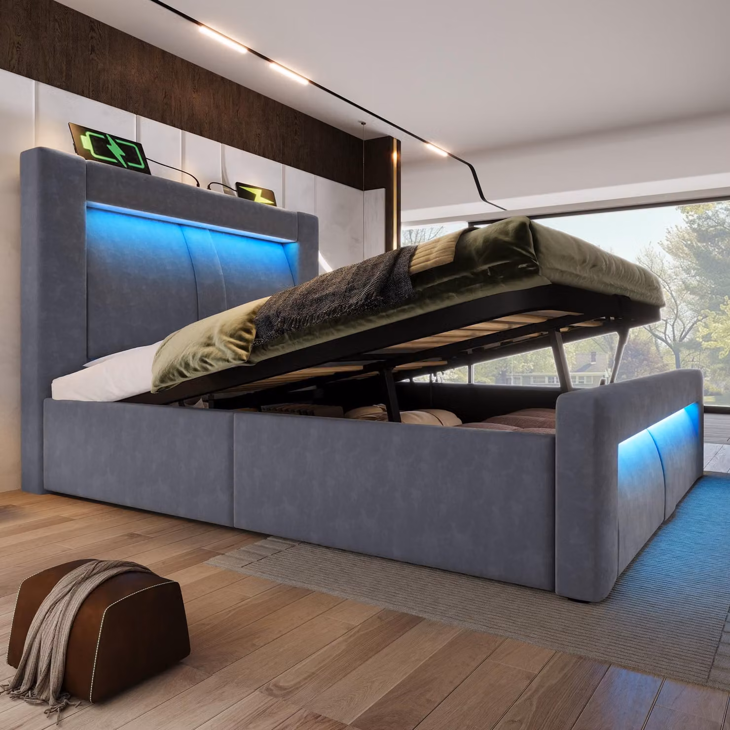 letto imbottito okwish 90x200 con rete, letto per ragazzi con cassettiera, letto singolo con doghe in legno e luce LED nella testata, grigio (senza materasso)