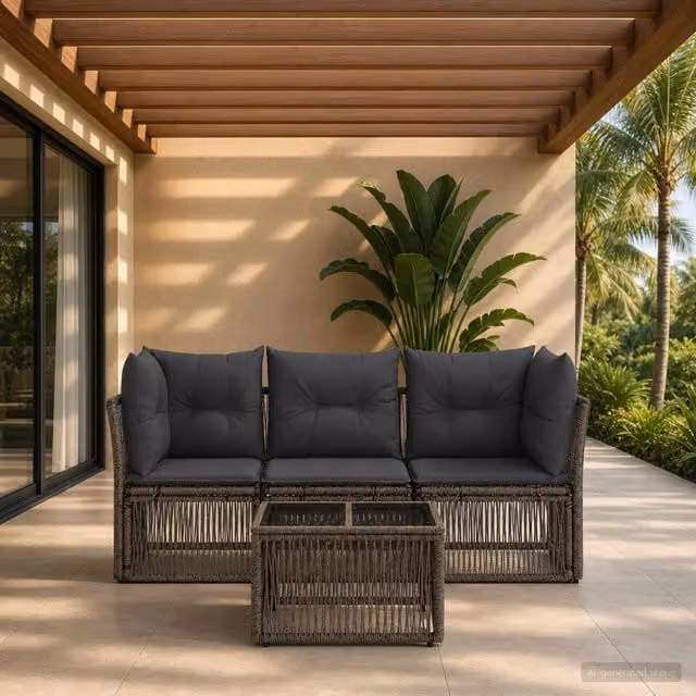 Set da giardino vidaXL a 4 pezzi in rattan grigio con divano a 3 posti, poltrona angolare e tavolino da caffè con cuscini imbottiti e struttura in acciaio verniciato a polvere