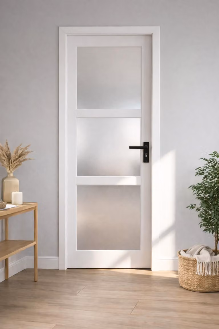 Bloc Porta Kenya Bianco Vetro H204 x L83 cm Cornice Tavola P.giusto, maniglia GD MENUISERIES