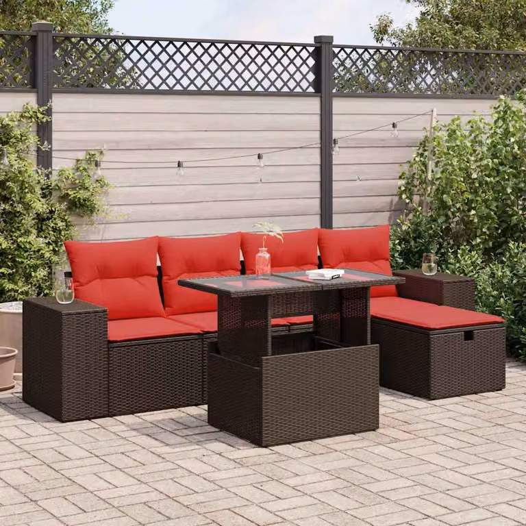 Set Divano da Giardino vidaXL 6 pz in Polyrattan Marrone con Cuscini e Tavolino da Esterno a Forma di L
