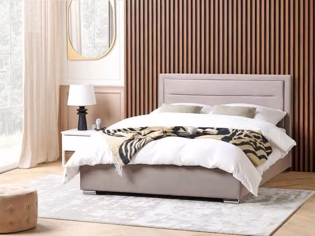 Letto matrimoniale Beliani in velluto beige con contenitore e design moderno, L/P: 180 x 200 cm – 1