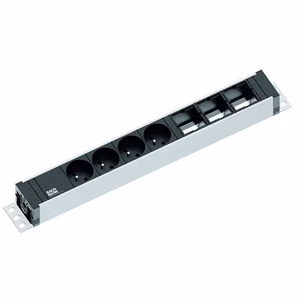 Unità di presa universale Bachmann 3 x modulo personalizzato, 4 x UTE 230V, nero, ruotato di 35°, cavo di alimentazione di 3 m H05VV-F3G1,