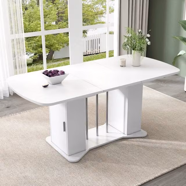 Tavolo da pranzo allungabile 120/160x80 cm con vano contenitore; MDF bianco