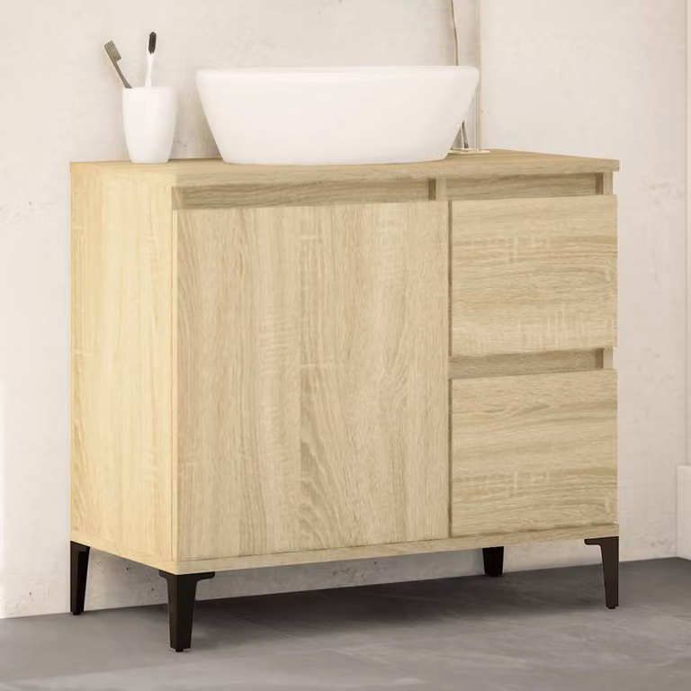 Armadietto da bagno moderno vidaXL in legno Rovere Sonoma, sospeso, con ante e cassetti, L: 65 cm, P: 33 cm, H: 60 cm