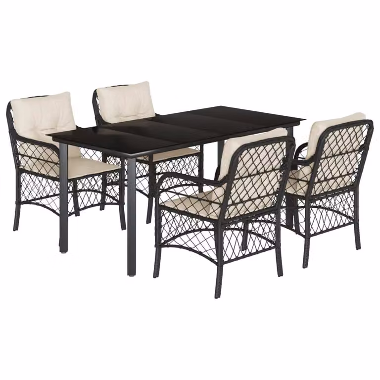 Set da Pranzo da Giardino 5 pz Nero con Cuscini in Polyrattan