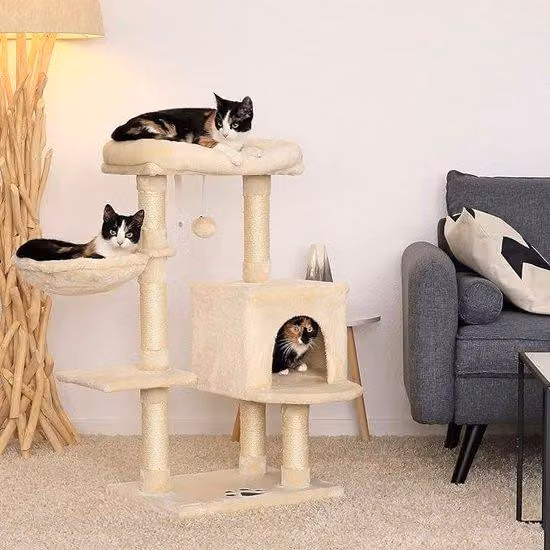 Torre da arrampicata con casetta per gatti, amaca e centro attività