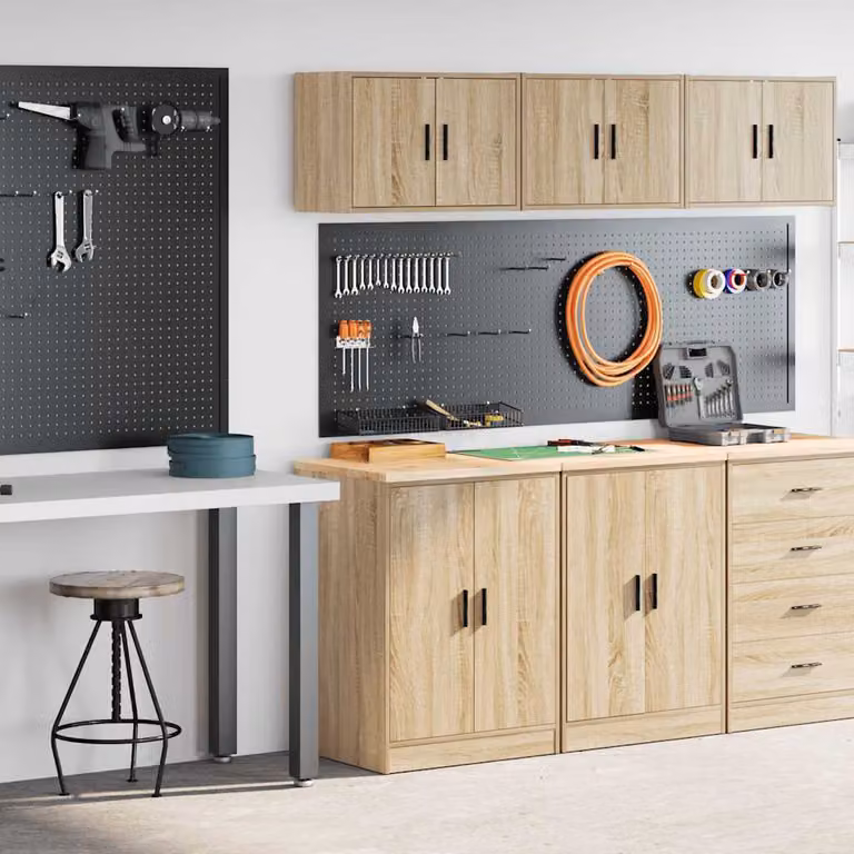 Set di 2 armadi da garage vidaXL in legno multistrato color marrone con ante a battente e ripiani interni