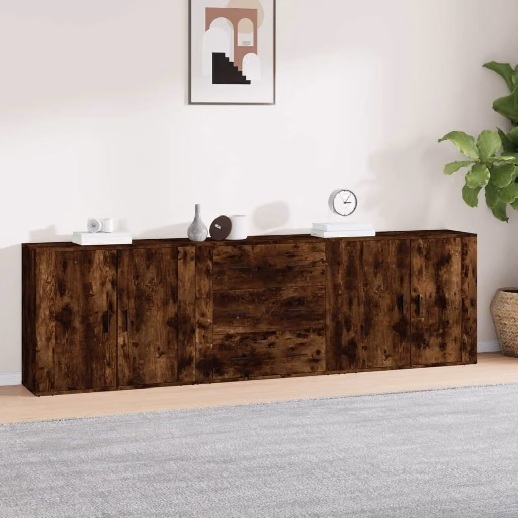 Set di 3 credenze vidaXL in legno multistrato color rovere fumo e nero con finitura opaca