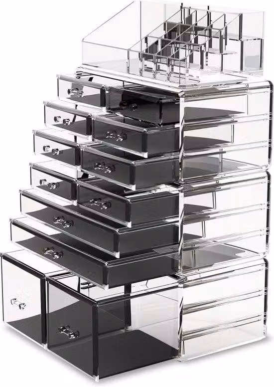 Portacosmetici con cassetto e espositore, astuccio per dodici pezzi, trasparente, 12 pezzi