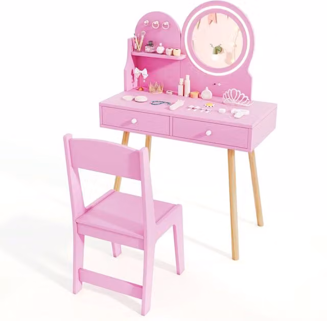 Set da trucco per bambini Design Mania con specchio LED, tavolo e sedia da principessa rosa con ripiano aperto