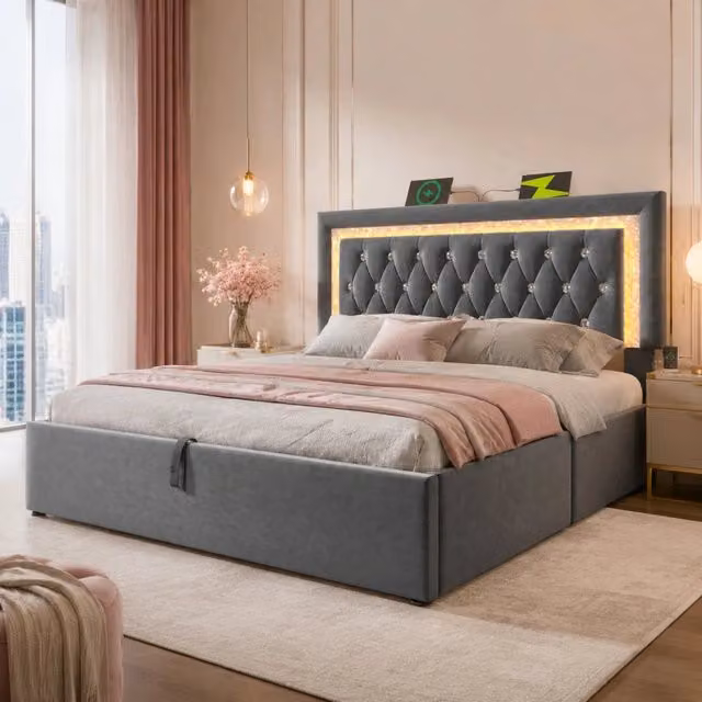 Letto 160x200 cm con contenitore idraulico, LED, USB e USB-C in velluto grigio