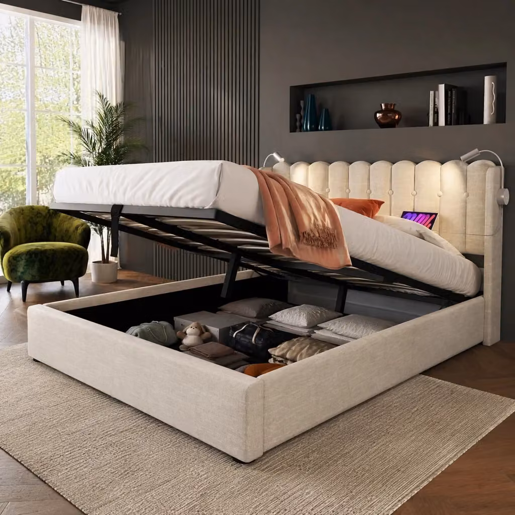 Letto contenitore MODFU in tessuto beige con testiera, luce da lettura integrata e ricarica USB, L/P/H: 140 x 200 x 103 cm – 2