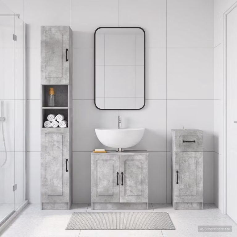 Set di armadietti da bagno UTRECHT vidaXL in 3 pezzi, Grigio Cemento, design moderno con ante a cerniera e ripiani interni
