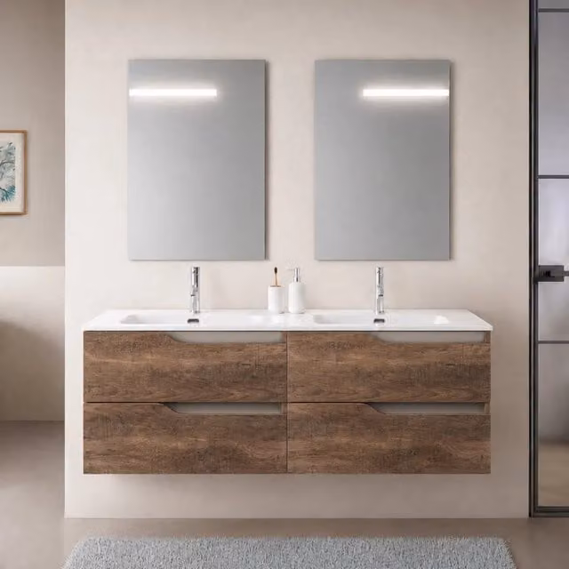 Mobile bagno sospeso 120 cm tabacco e tortora due cassetti e doppia vasca Sumya