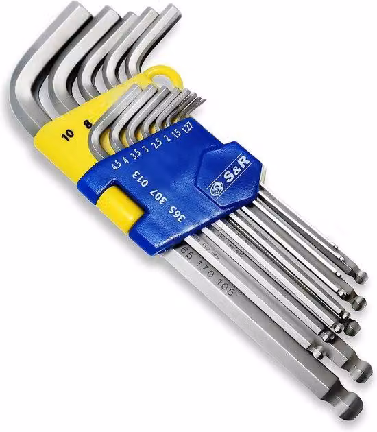 Set di 13 chiavi a Esagono (a testa esagonale interna) Unyqoos®, con testa sferica, versione lunga, da 1,27 a 10 mm, in acciaio CrV temprato e nichelato, con clip in plastica