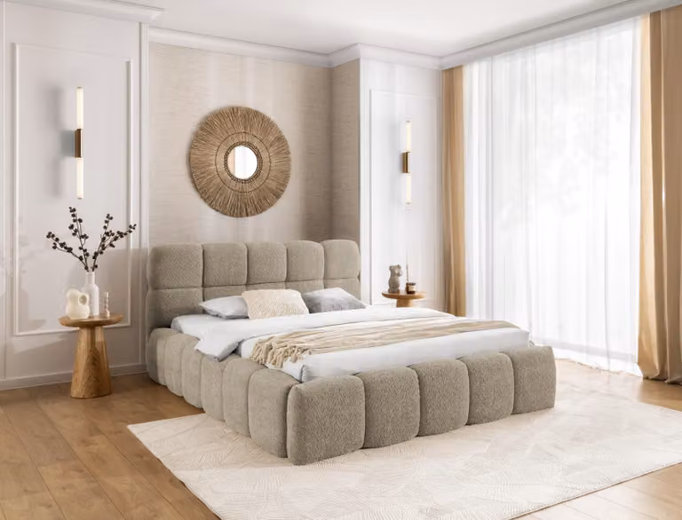 Letto imbottito SOFIA 160x200 - con rete, letto matrimoniale con contenitore e rete a doghe, look letto a molle, senza materasso, letto - Taupe
