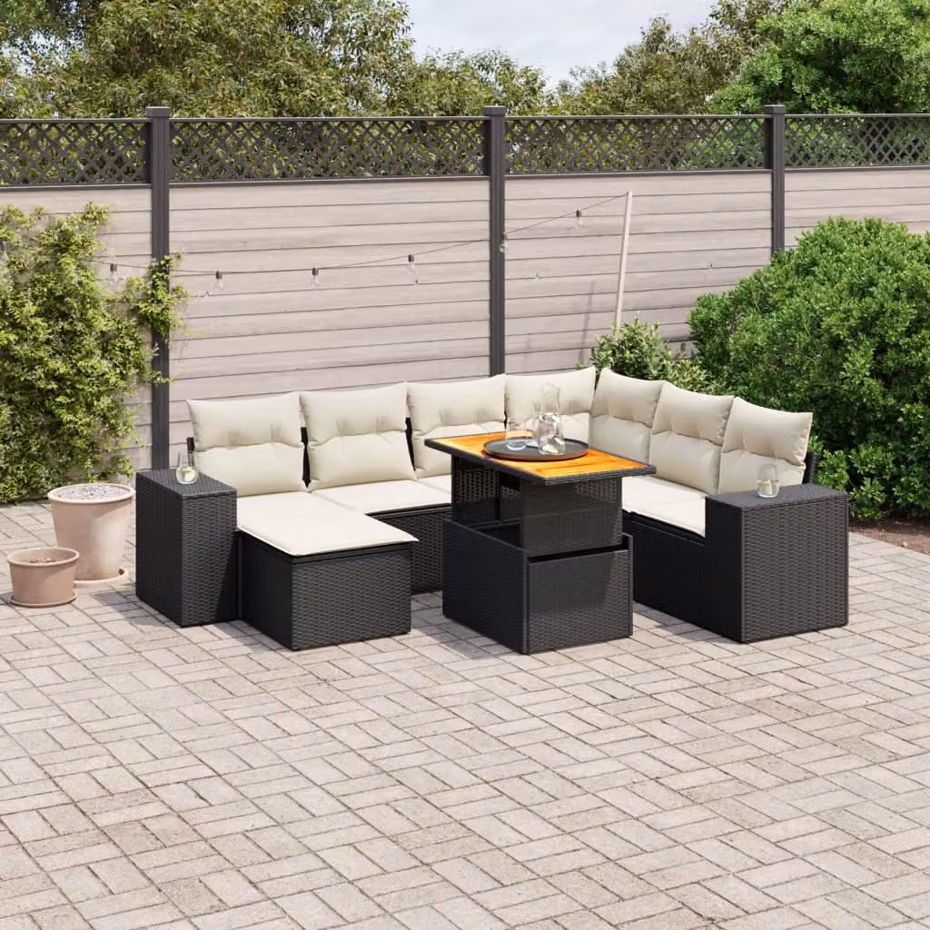 Set Divani da Giardino a L vidaXL in Polyrattan Nero con 8 Cuscini e Tavolino da Caffè – 1