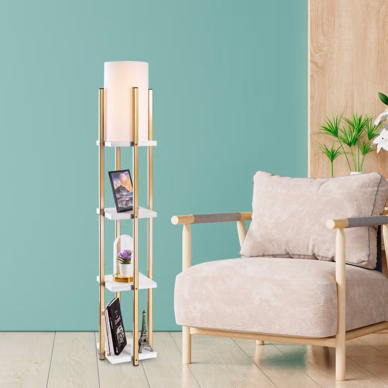 Opviq, lampada da terra di alta qualità, struttura in metallo, 25 x 25 x 130 cm, 1 x E27, max. 40 W, IP20, cavo a doppio isolamento (400 cm), elegante nei toni del bianco e dell'oro, ideale per gli interni moderni.