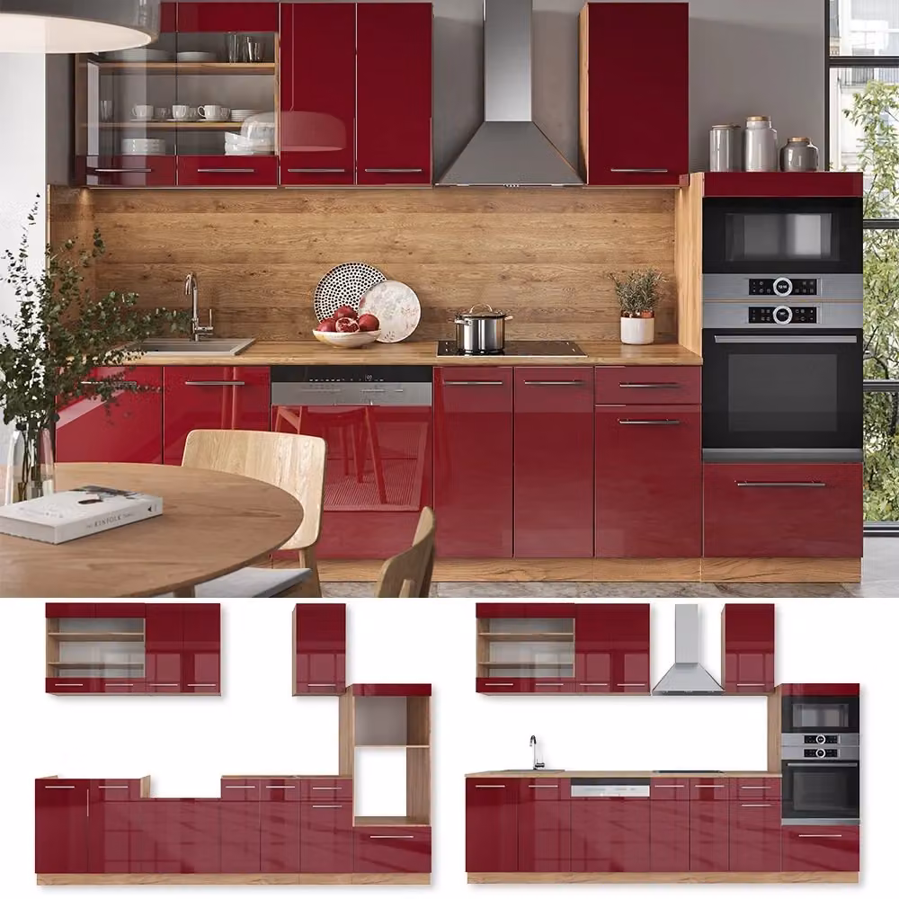 Cucina componibile Fame-Line Vicco Bordeaux lucido e Rovere dorato con armadio alto e piano in marmo, L: 300 cm – 2