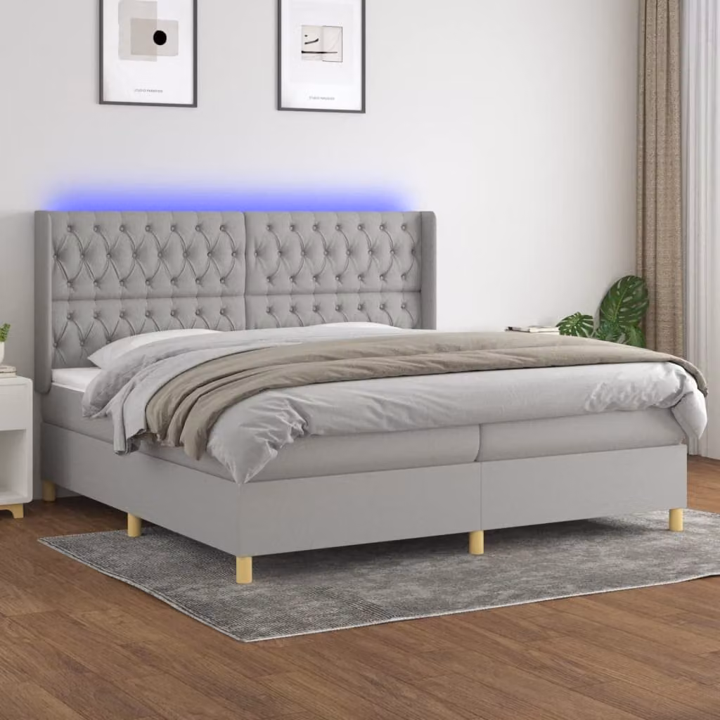 Letto a molle con materasso e illuminazione LED vidaXL in tessuto grigio chiaro, L/P: 200 x 200 cm – 1