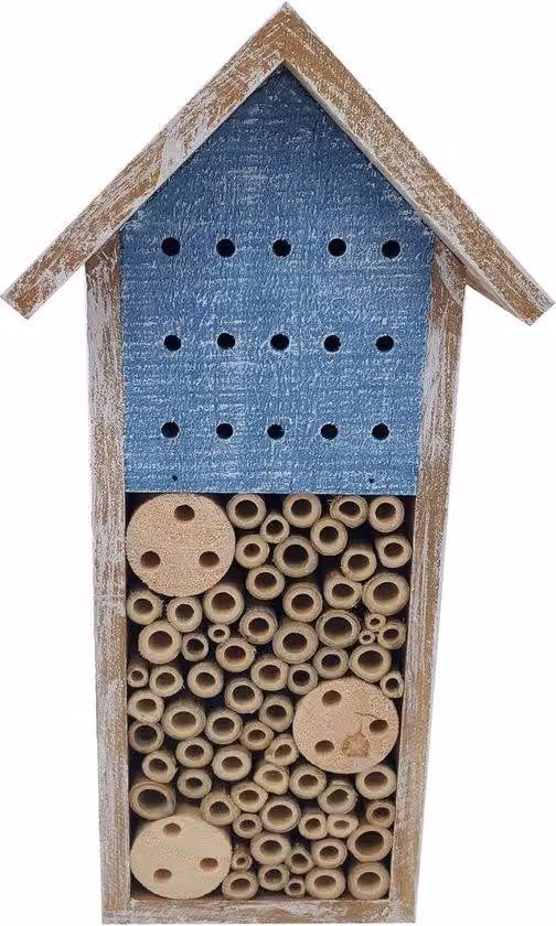 Albergo per insetti realizzato con legno di noce e bambù provenienti da fonti sostenibili e certificati dimensioni 15 x 30 x 13 cm, colore marrone-blu
